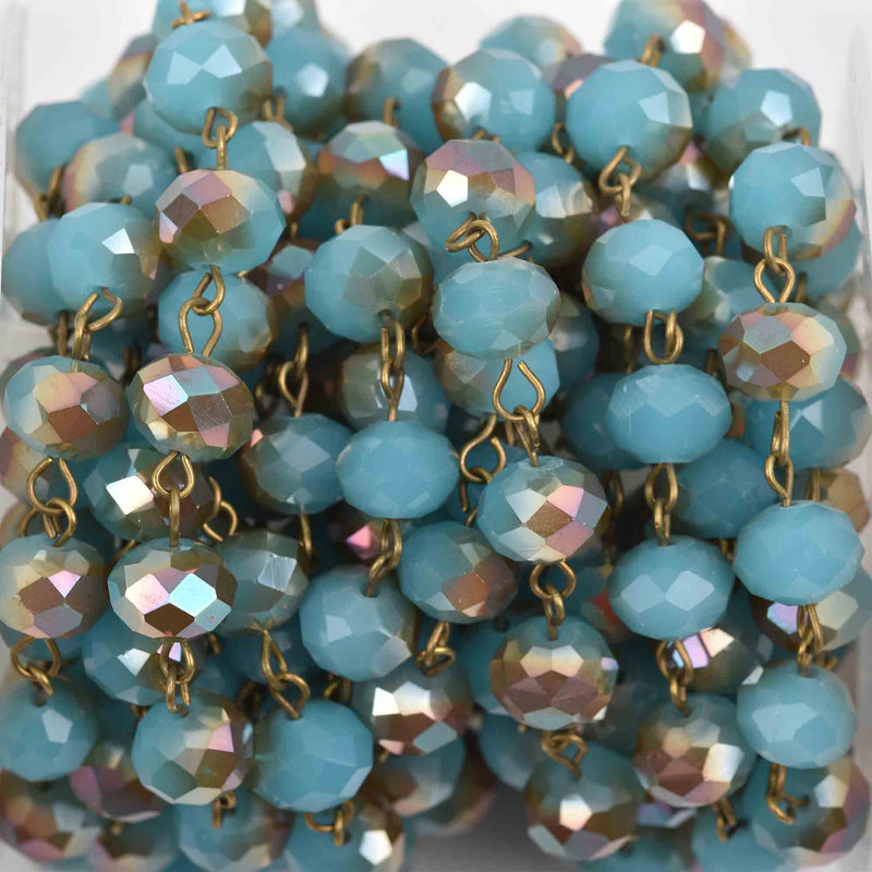 1 yard BLUE and RAINBOW AB Crystal Rondelle Rosary Chain, antique gold, 8mm faceted rondelle glass beads, fch0270a