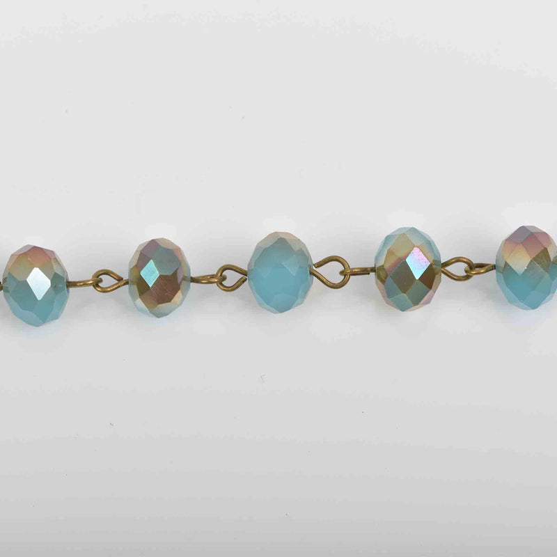 1 yard BLUE and RAINBOW AB Crystal Rondelle Rosary Chain, antique gold, 8mm faceted rondelle glass beads, fch0270a