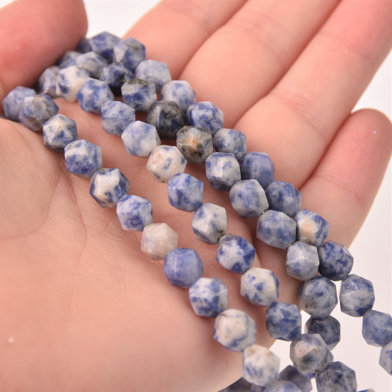Blue Spot Jasper Half Strand, 8mm Star Cut Round Gemstone Beads, 8" long gem0847