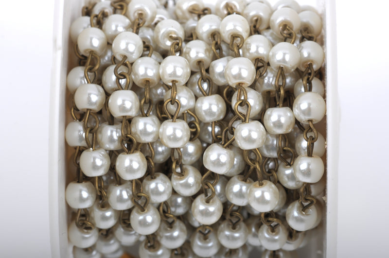 13 feet Ivory CREAM Pearl Rosary Chain, bronze, Off White Glass Pearls, 4mm round glass pearl beads, fch0669b