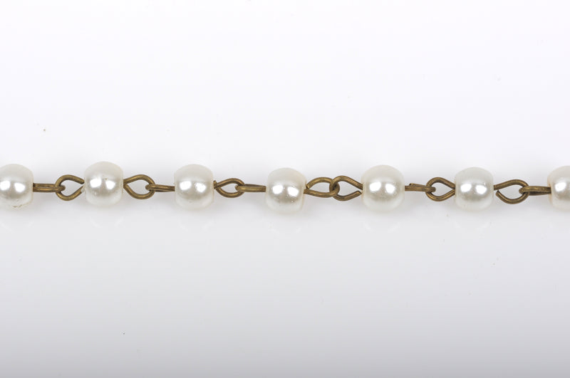 13 feet Ivory CREAM Pearl Rosary Chain, bronze, Off White Glass Pearls, 4mm round glass pearl beads, fch0669b