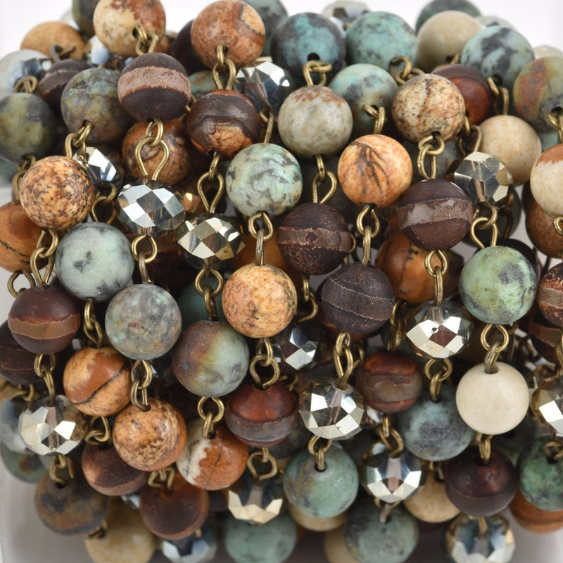 Gemstone Crystal Rosary Chain, Picture Jasper, Matte Chrysoprase, bronze, 8mm faceted round and rondelle beads, fch0664