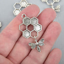 5 Queen Bee Honeycomb Charm Pendants, silver bee dangling below, 47mm, chs5106