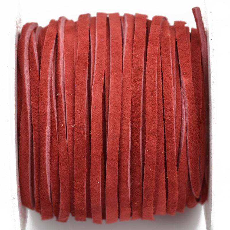 1/8" Suede Leather Lace, CRANBERRY RED, real leather by the yard, Realeather made in USA, 3mm wide, 25 yards, Lth0034