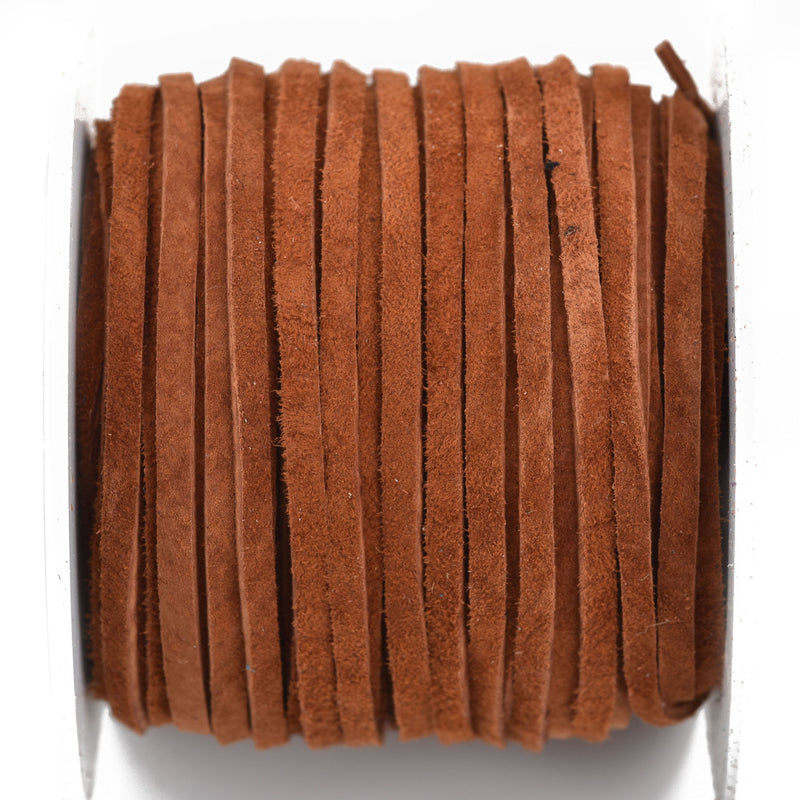 1/8" Suede Leather Lace, MEDIUM BROWN, real leather by the yard, Realeather made in USA, 3mm wide, 25 yards, Lth0023