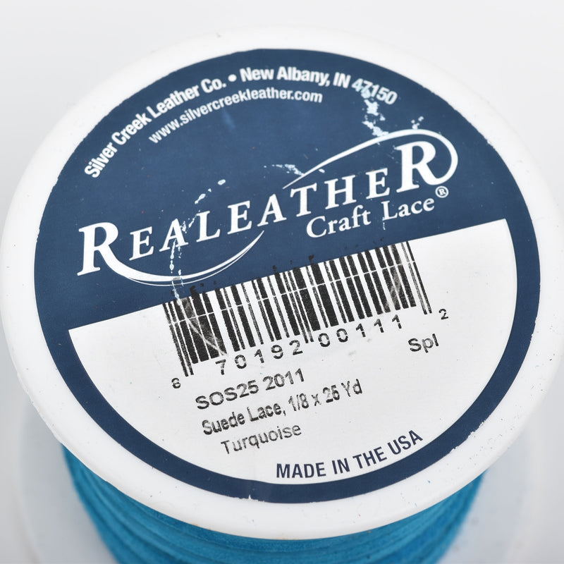 1/8" Suede Leather Lace, TURQUOISE BLUE, real leather by the yard, Realeather made in USA, 3mm wide, 25 yards, Lth0027