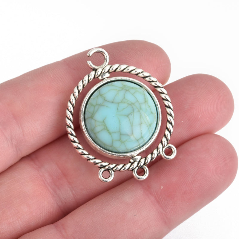 Silver Rope Connector Charm Pendant with ROTATING Turquoise colored cabochon 35x27mm chs4168