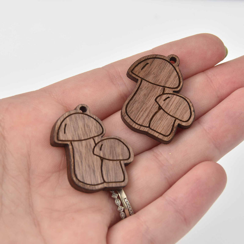 2 Wooden Mushroom Charms, Fungi Pendant, engraved natural wood, chs8121