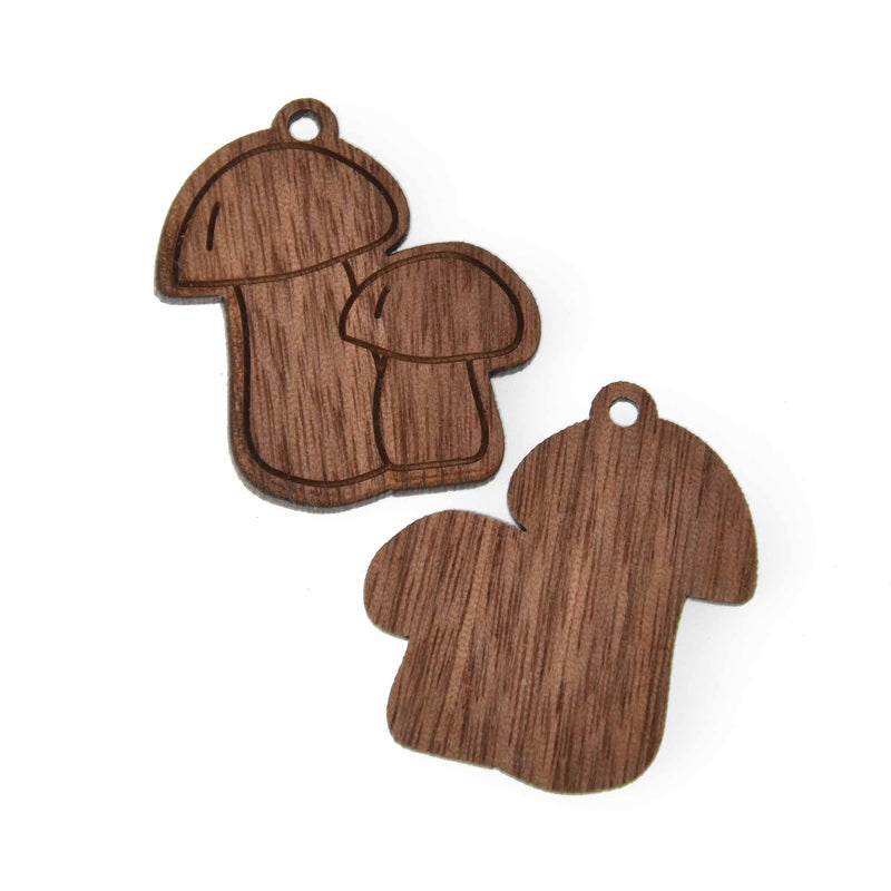 2 Wooden Mushroom Charms, Fungi Pendant, engraved natural wood, chs8121
