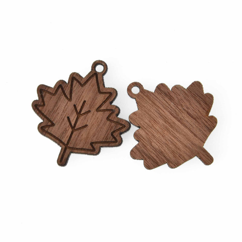 2 Wooden Leaf Charms, Maple Leaf Pendant, Laser Cut Natural Wood, chs8124