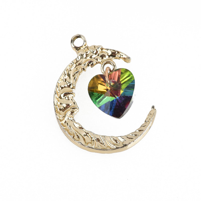 5 Gold CRESCENT MOON Charm Pendants with Rainbow Crystal Heart, 26mm, chs3488