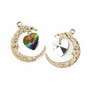 5 Gold CRESCENT MOON Charm Pendants with Rainbow Crystal Heart, 26mm, chs3488