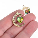 5 Gold CRESCENT MOON Charm Pendants with Rainbow Crystal Heart, 26mm, chs3488
