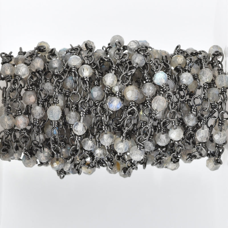1 yard LABRADORITE GEMSTONE Rosary Chain, gunmetal black links, double wrapped 4mm round gemstone beads, fch0683a