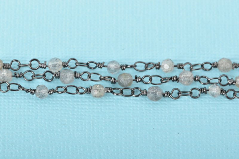 13 feet (4 meters) LABRADORITE GEMSTONE Rosary Chain, gunmetal black links, double wrapped 4mm round gemstone beads, fch0683b