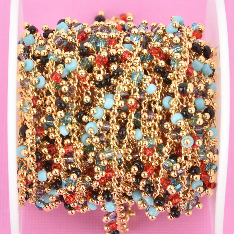 1 yard AUTUMN MIX Crystal Bead Chain, bright gold wire loops, 2.5mm Rondelle Charm Dangles fch0947a