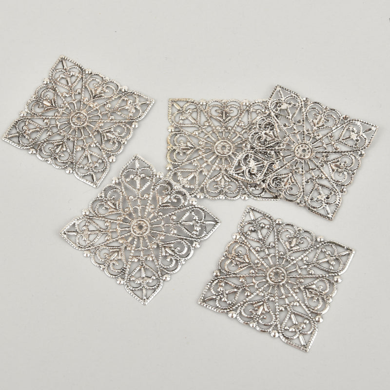 20 Large Antique Silver Filigree Squares, flat thin findings for jewel