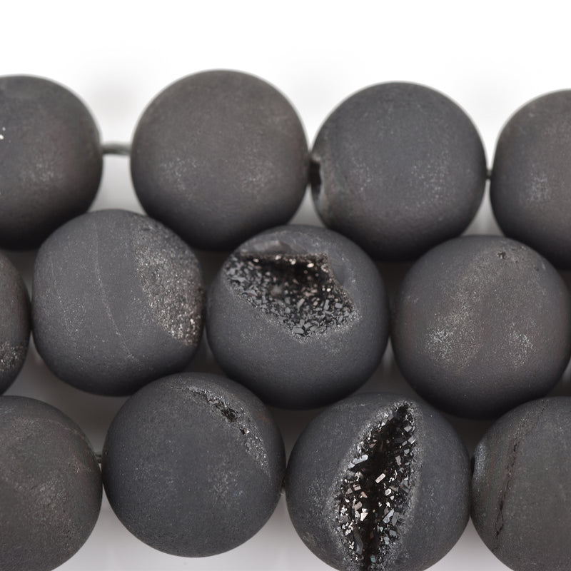 12mm DRUZY Quartz Round Beads, BLACK Geode Round Beads, full strand, 33 beads, gdz0215