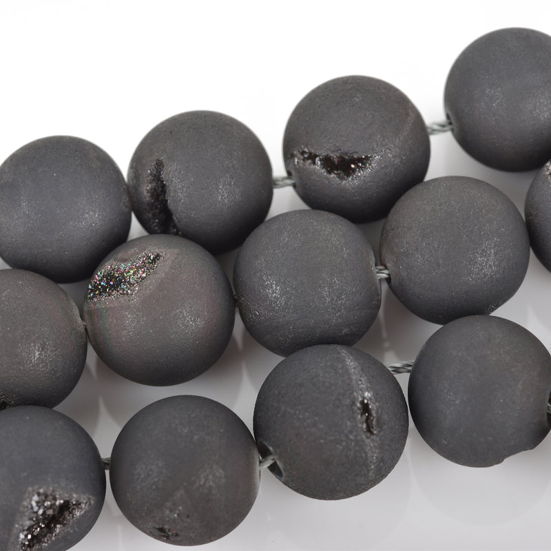 12mm DRUZY Quartz Round Beads, BLACK Geode Round Beads, full strand, 33 beads, gdz0215