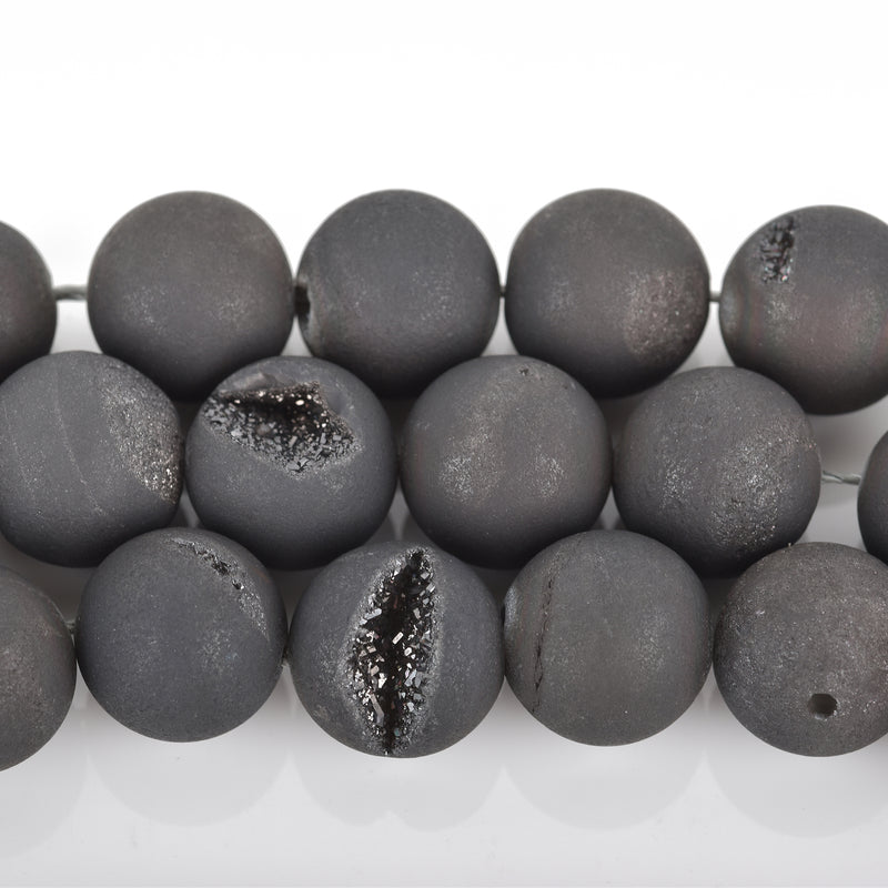 12mm DRUZY Quartz Round Beads, BLACK Geode Round Beads, full strand, 33 beads, gdz0215