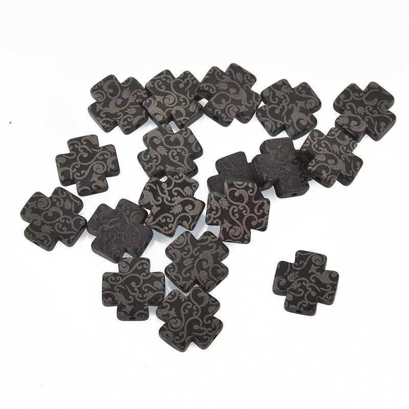 10 BLACK Howlite Maltese Cross Beads, 15mm, Laser Engraved gem0104