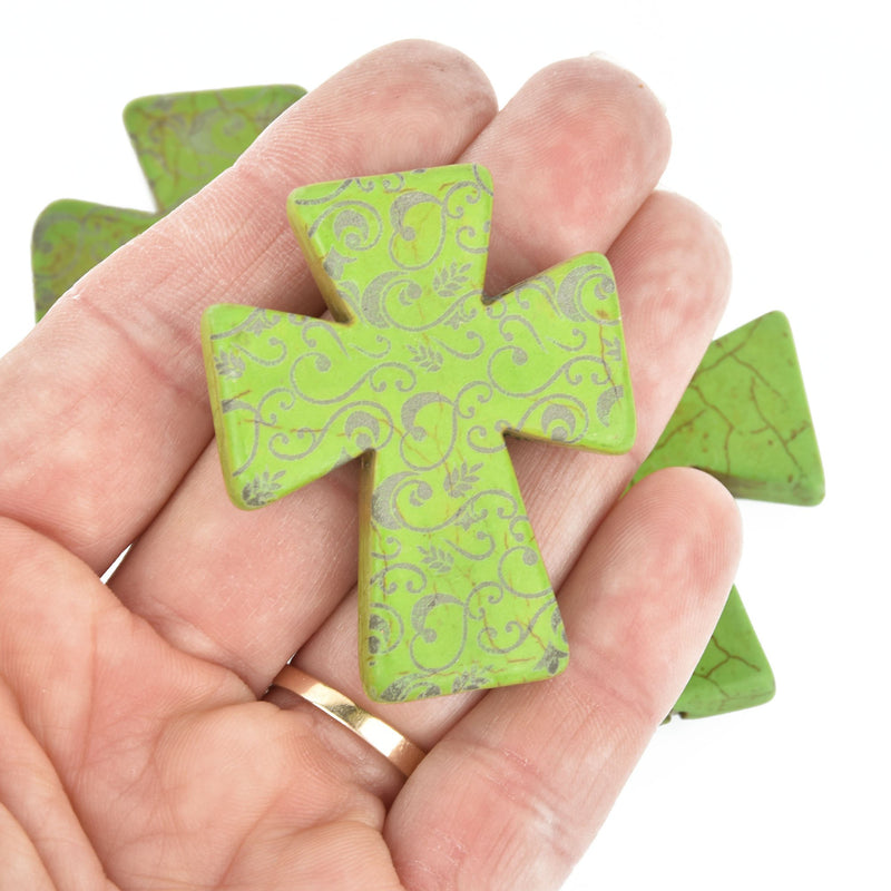 1 Laser Engraved 2" GREEN Howlite Cross 50mm Pendant Beads, drilled top to bottom Gem0232