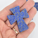 1 Laser Engraved 2" ROYAL BLUE Howlite Cross 50mm Pendant Beads, drilled top to bottom Gem0233