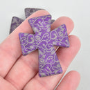 1 Laser Engraved PURPLE Howlite Cross 50mm Pendant Beads, drilled top to bottom, 2" Gem0234