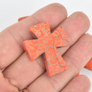 1 Laser Engraved ORANGE Howlite Cross 36mm Pendant Beads, drilled top to bottom, 1-3/8" Gem0240