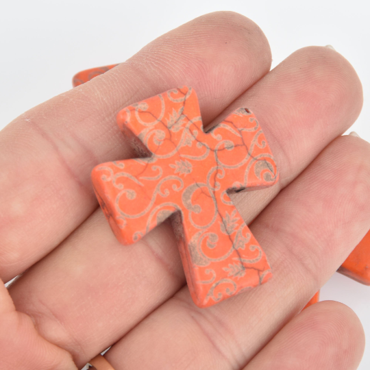 1 Laser Engraved ORANGE Howlite Cross 36mm Pendant Beads, drilled top to bottom, 1-3/8" Gem0240