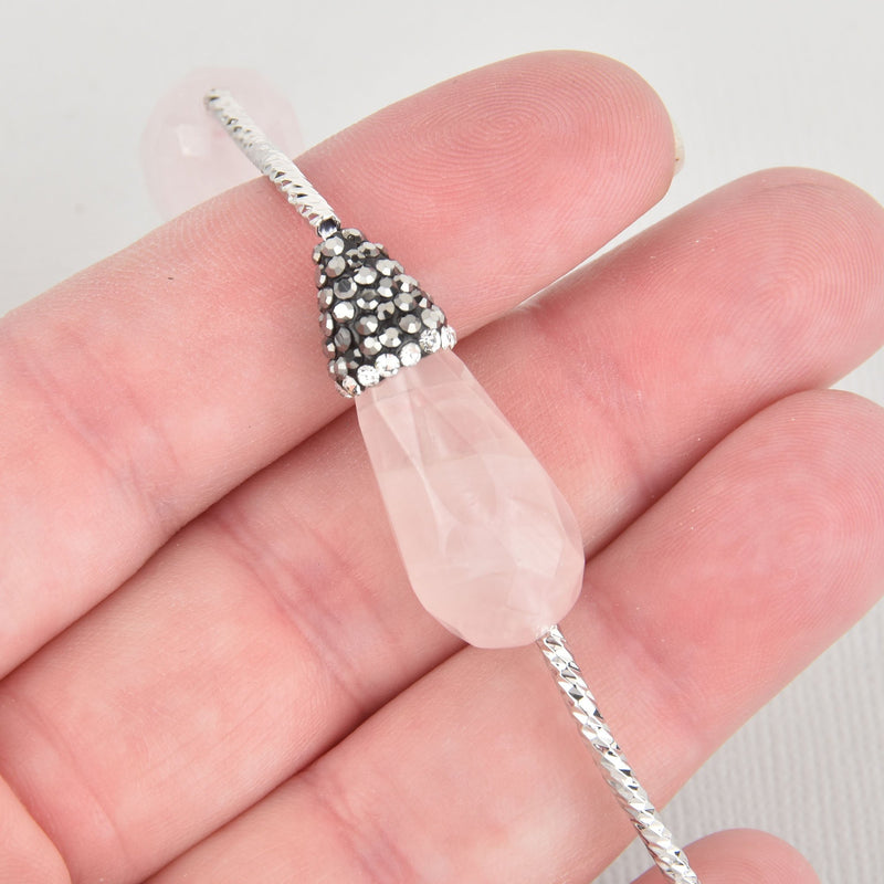 2 Pink Rose Quartz Gemstone Beads, Teardrop Micro Pave Faceted Rhinestone 30mm gem0322