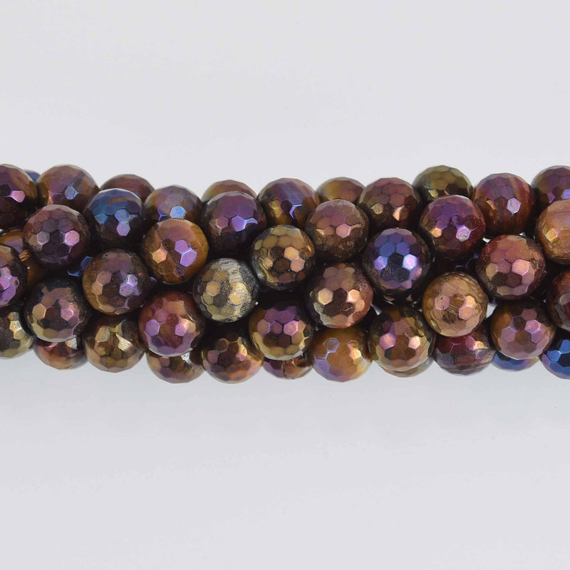 8mm Round TIGER EYE Beads, Faceted Electroplate Dyed, strand gem0650