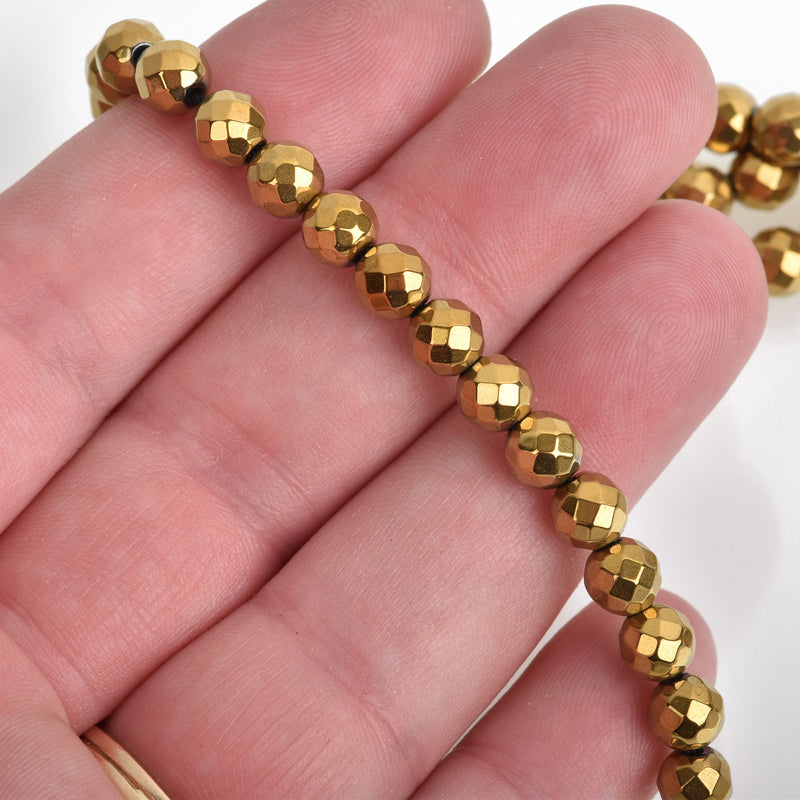 6mm Hematite Round Beads, GOLD Titanium Coated Gemstone Beads, faceted, full strand, 68 beads, ghe0189