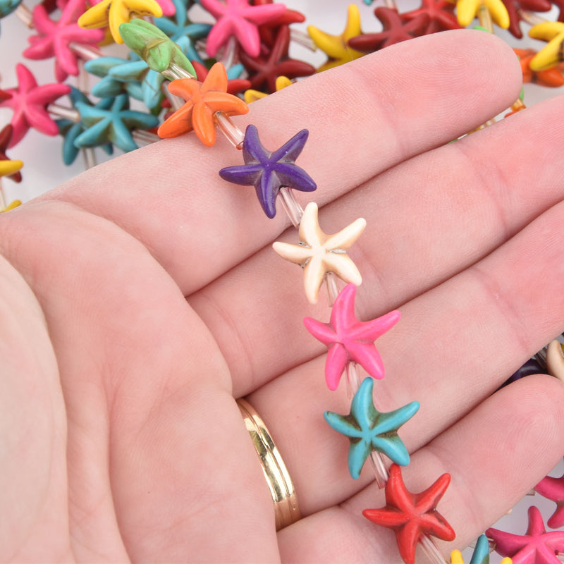 Mixed BRIGHT Colors Carved Small STARFISH Howlite Gemstone Beads, full strand, 40 beads, 14x14mm . how0031