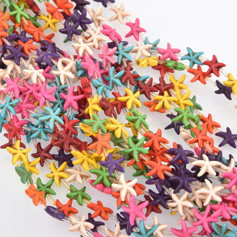 Mixed BRIGHT Colors Carved Small STARFISH Howlite Gemstone Beads, full strand, 40 beads, 14x14mm . how0031