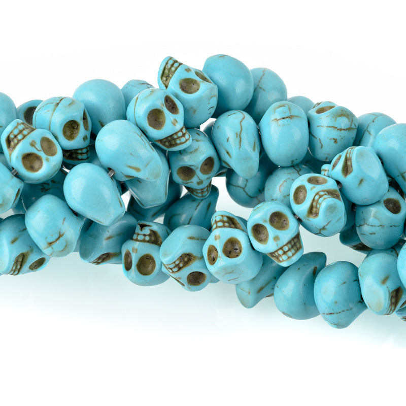 12mm TURQUOISE BLUE Howlite Skull Beads, Drilled Sideways, full strand, about 40 beads, how0673