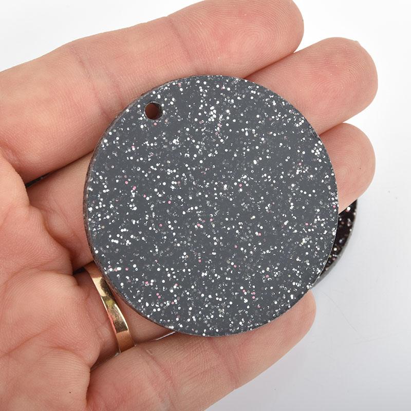 10 BLACK SILVER Glitter Circle Keychain Blanks 2" Laser Cut Acrylic Blanks Disc Lca0525