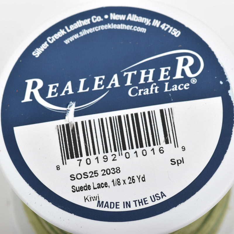 1/8" Suede Leather Lace, KIWI GREEN, real leather by the yard, Realeather made in USA, 3mm wide, 25 yards, Lth0019