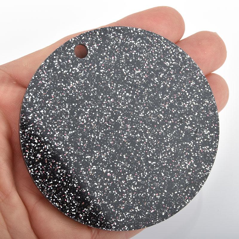 10 BLACK SILVER Glitter Circle Keychain Blanks 3" Laser Cut Acrylic Blanks Disc Lca0202a