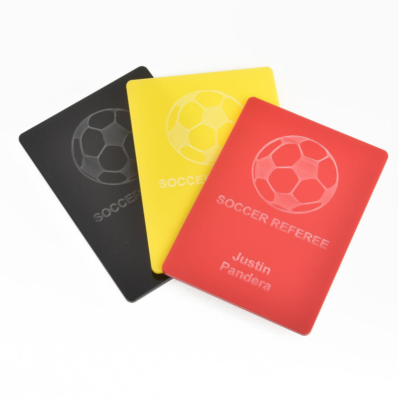 SOCCER Referee Card Pack, personalized set of yellow, red, and black acrylic, custom engraved with your design, Lca0474