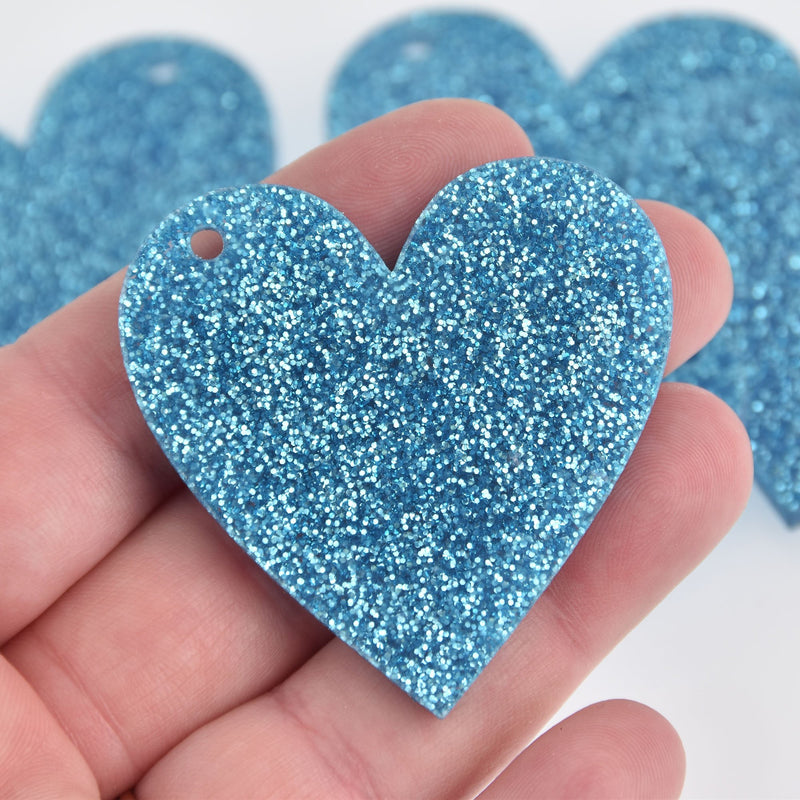 5 Turquoise Blue Glitter 2" Heart Charms Laser Cut Acrylic Blanks Lca0795a
