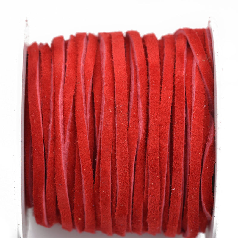 1/8" Suede Leather Lace, RED, real leather made in USA, 3mm wide, 25 yards, Lth0029