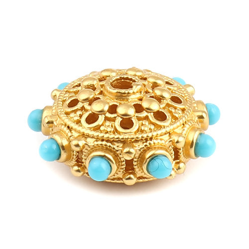2 Gold Saucer Beads, filigree with turquoise blue accents, 21mm, bme0717