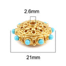 2 Gold Saucer Beads, filigree with turquoise blue accents, 21mm, bme0717