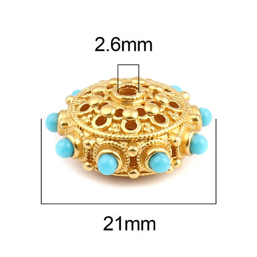 2 Gold Saucer Beads, filigree with turquoise blue accents, 21mm, bme0717