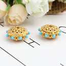 2 Gold Saucer Beads, filigree with turquoise blue accents, 21mm, bme0717
