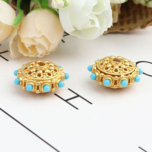 2 Gold Saucer Beads, filigree with turquoise blue accents, 21mm, bme0717