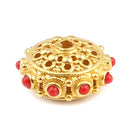 2 Gold Saucer Beads, filigree with red accents, 21mm, bme0722