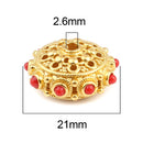2 Gold Saucer Beads, filigree with red accents, 21mm, bme0722