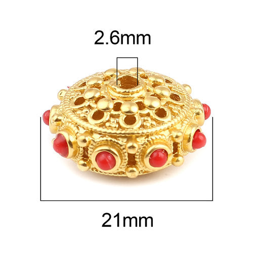 2 Gold Saucer Beads, filigree with red accents, 21mm, bme0722